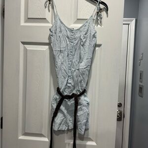 Light blue romper with braided brown tie